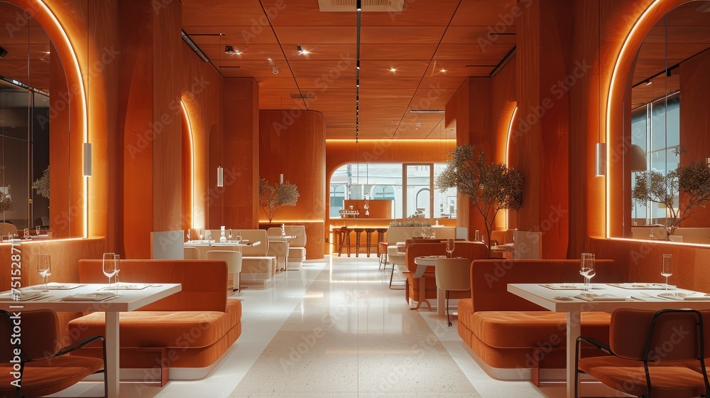 Inside of a contemporary restaurant with terracotta wall color. Generative AI.