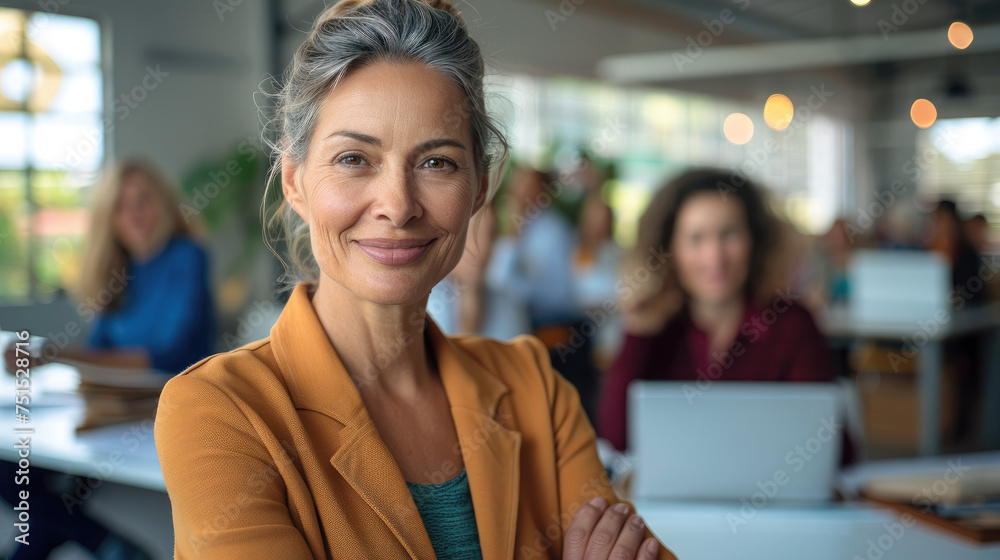 Happy middle aged woman minority in an office with people at a desk in the background in a working environment where the business is in clean energy. Generative AI. Happy middle aged woman minority in an office with people at a desk in the background in a working environment where the business is in clean energy. Generative AI.
