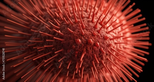  Close-up of a virus particle with spikes, a 3D rendering