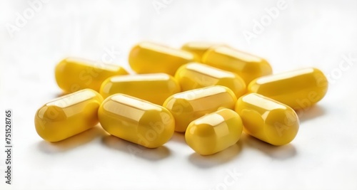  A collection of yellow capsules on a white surface