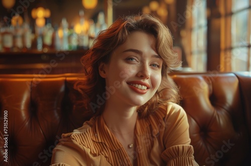 A happy redhead woman in a striped shirt smiling warmly in a retro-styled pub setting