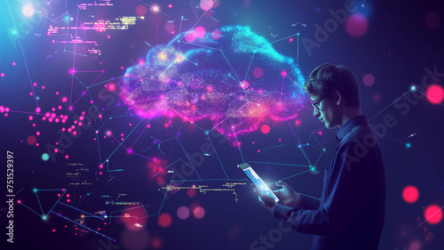 Cloud computing concept with man using tablet computer on dark background