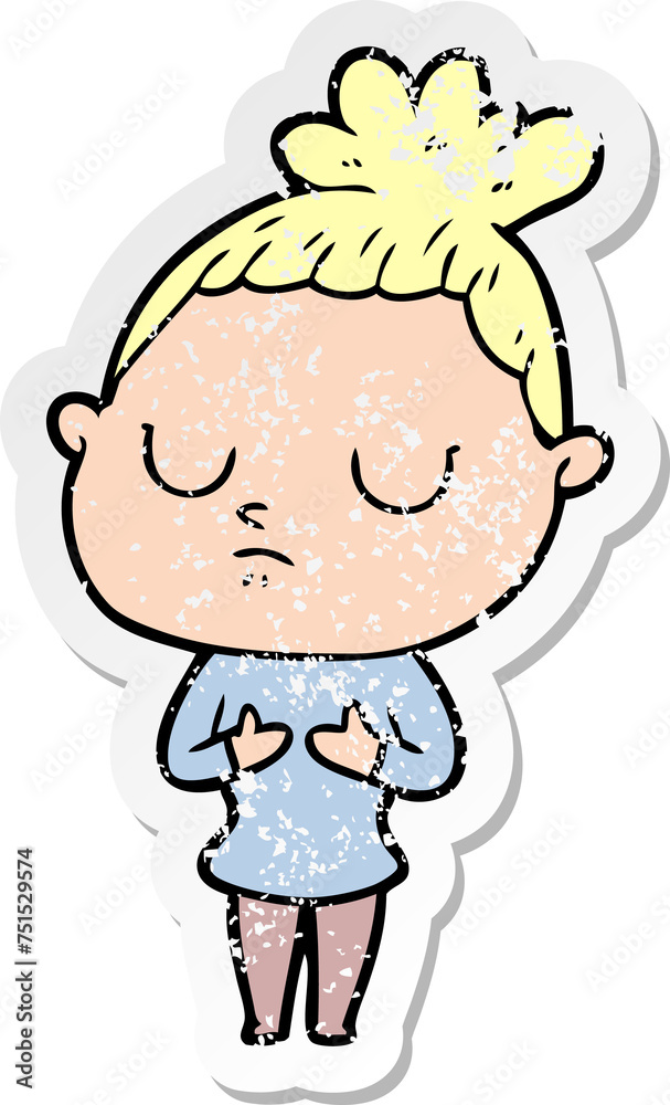 distressed sticker of a cartoon calm woman distressed sticker of a cartoon calm woman