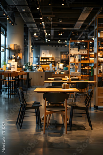 The restaurant is filled with beautiful furniture made of hardwood, including tables and chairs. The flooring is also wood, adding to the cozy atmosphere © Oleksandra