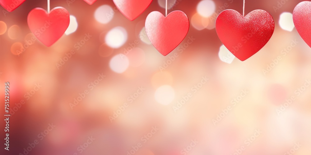 Valentine's Day background. Heart shape decor on a blurred Background for Valentine's Day. Romantic heart shape hanging for Valentine's Day celebration.