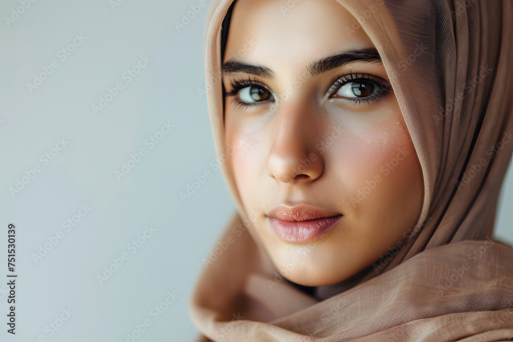 Closeup portrait of beautiful Arabic Female in Hijab, isolated on light background Closeup portrait of beautiful Arabic Female in Hijab, isolated on light background