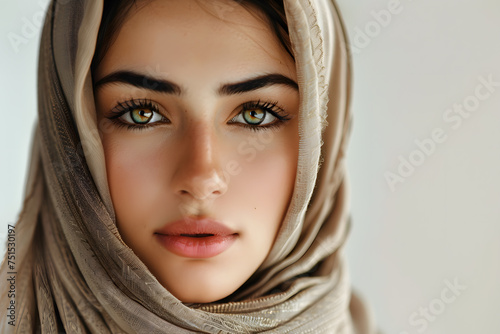 Closeup portrait of beautiful Arabic Female in Hijab  isolated on light background