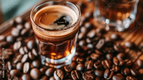 coffee and coffee beans surrounded by a big glass of espresso, in the style of texture-rich
