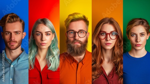 a group of people with colorful hair and , in the style of optical color mixing, red and amber, wallpaper portraits, studio portrait