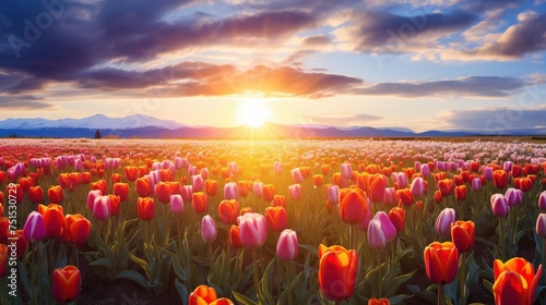 Blooming pink tulips with sunset and clouds over a field