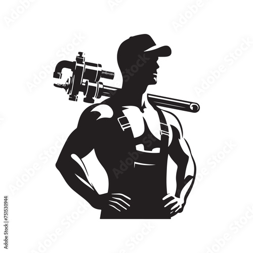 Piping Pro: Vector Plumber Silhouette - Mastering the Art of Pipe Work with Precision and Skillful Expertise. Plumber Illustration.
