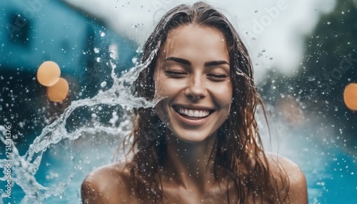 Beautiful Model Woman with splashes of water in her hands. Beautiful Smiling girl under splash of water