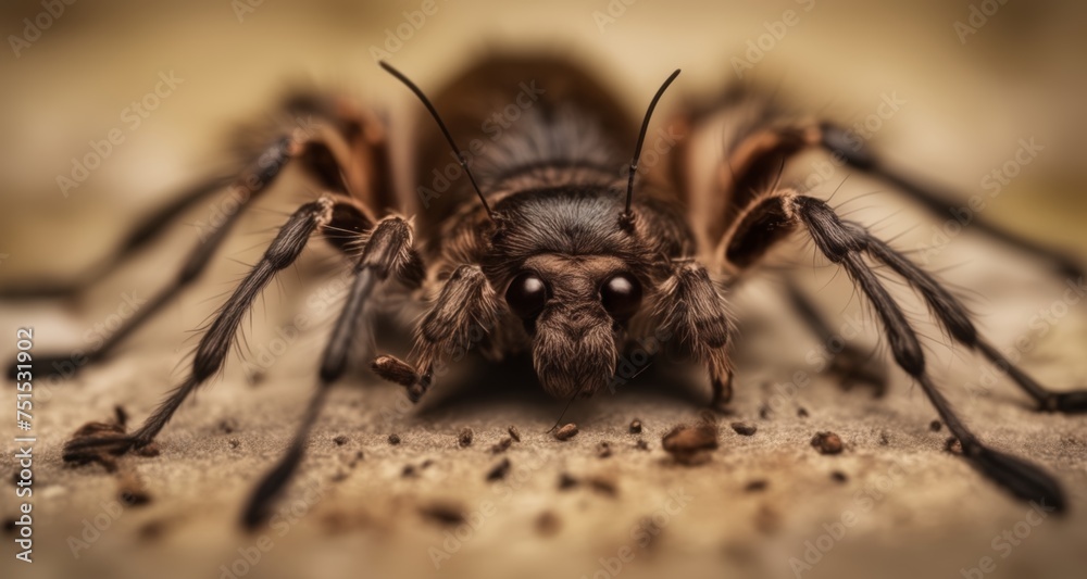 Close-up of a large, hairy spider with sharp eyes and long legs Close-up of a large, hairy spider with sharp eyes and long legs