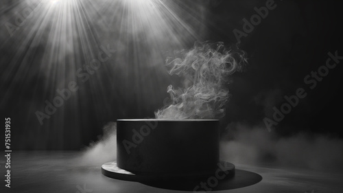 Black magic podium with smoke on a black background