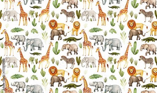 cute jungle animals on white water color background seamless repeating pattern tile 