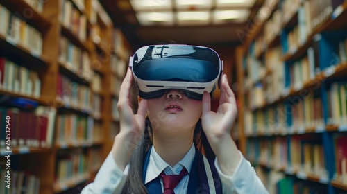 school uniform, expresses wonder with her hands while exploring virtual books and knowledge. Copy space