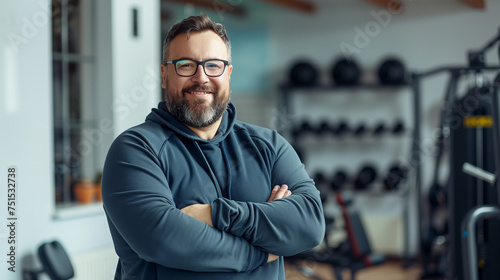 Chubby man and woman standing in the gym. Portrait