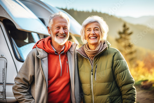 A senior couple smiling in front of their camper van, ready for an off-road adventure. Concept an active retirement lifestyle, eco-tourism, wellness retreat.