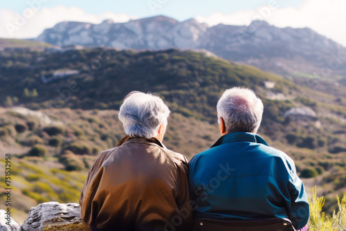 Rear view of an elderly couple seated side by side, peacefully enjoying a panoramic view of the mountains in solitude. Concept an active retirement lifestyle, golden years, tranquility, relaxation.