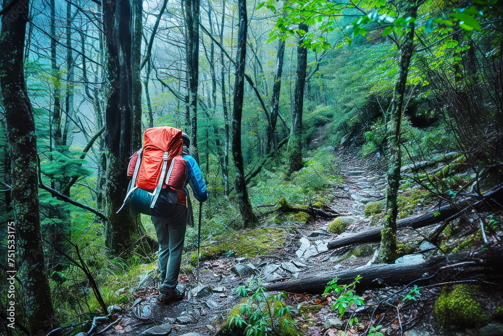 A hiker with a large red backpack treks along a wet, forested trail, surrounded by the misty. Concept travel and exploration, traveling solo, rest and recharge, vacation.