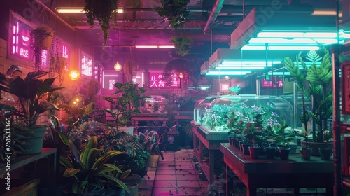Robotic flora in neon-lit Tokyo-style greenhouse  merging vibrant city life with future tech. Robotic plants