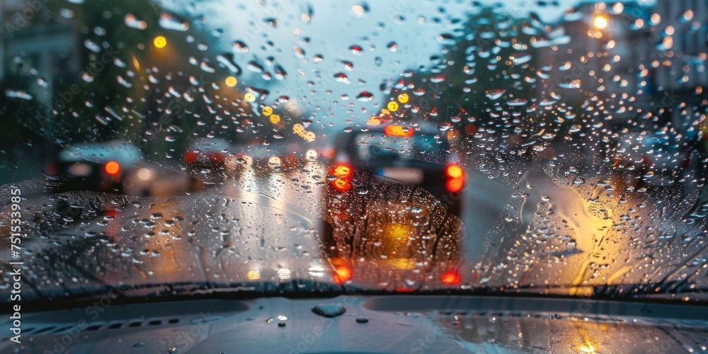 Obraz premium Rain drops on car glass with blur background of traffic jam in the city
