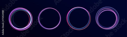 Set of neon blurry light circles at motion . Vector swirl trail effect. Rounded neon line with light effect. Energy flow tunnel. Radiant speed motion design. Magic energy vortex with spark 