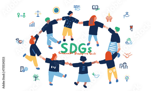 SDGsをイメージする手を繋ぐ人々と文字のイラスト
