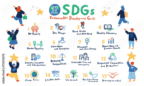 SDGs 17の目標と人々のイラストセット SDGs 17 goals icon set 