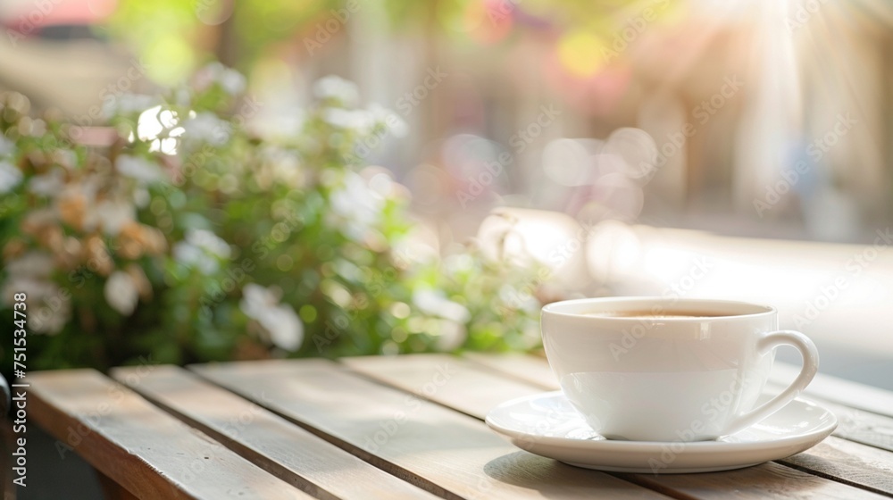 Morning coffee on outdoor cafe table, coffee cup in garden cafe ambiance, relaxing coffee break with sunlight and flowers ,Wooden table with a cup of coffee , breakfast coffee outdoors Morning coffee on outdoor cafe table, coffee cup in garden cafe ambiance, relaxing coffee break with sunlight and flowers ,Wooden table with a cup of coffee , breakfast coffee outdoors