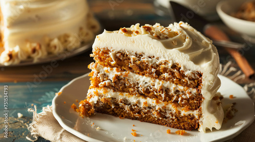 Slice of moist carrot cake with cream cheese