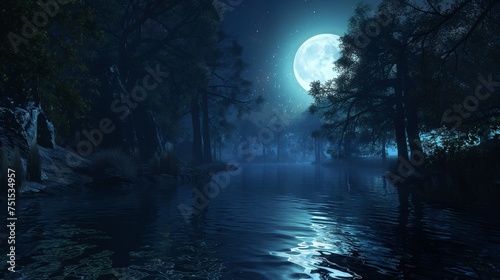 Moonlit reflections on a tranquil river surrounded by trees. © Shakeel,s Graphics