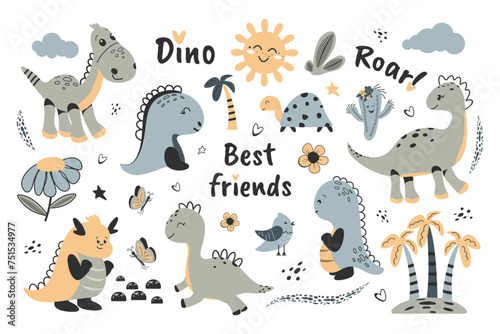 A set of cute dinosaurs. Wildlife. Children s vector design.