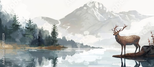 The unique retro illustration features deer exploring a lake in the middle of a forest against a backdrop of majestic mountains  creating a nostalgic atmosphere of forest adventure.