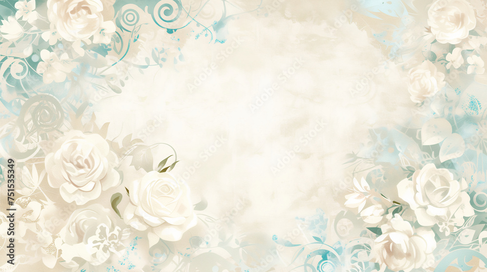 Muted blue and white vintage retro scrapbooking paper background with vintage floral ornament