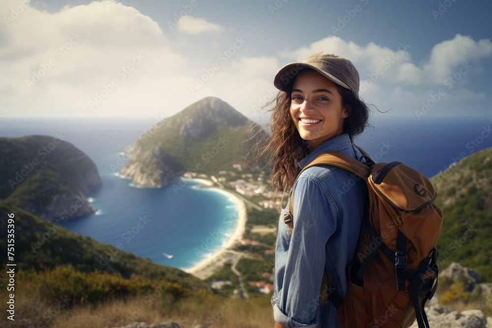 A young happy girl with a backpack travels in nature with a beautiful view of the mountains, the seashore. Hiking, summer outdoor activities.