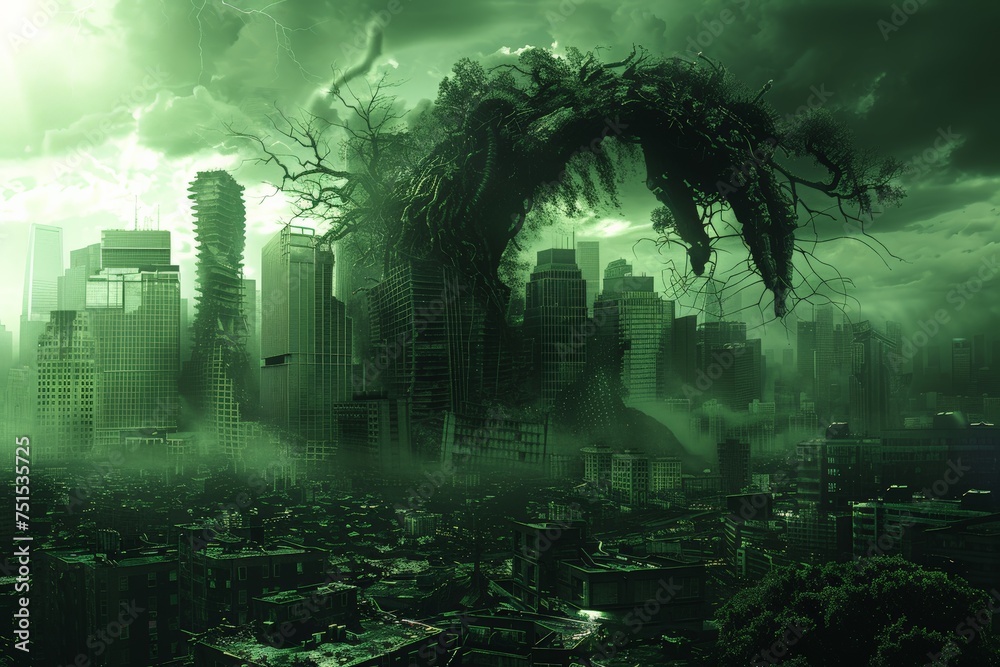 Obraz premium Majestic tree merges with digital data in city overrun by nature, a digital art piece portraying the fusion of organic and virtual realities. Nature reclaims urbanity, depicted by a tree's silhouette