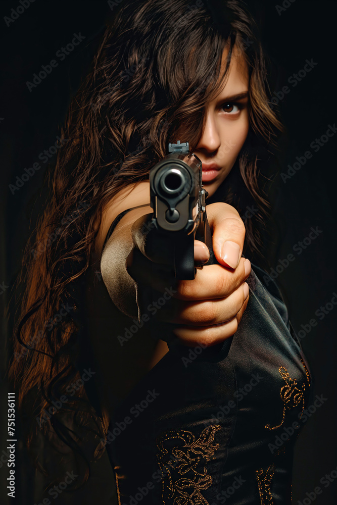 portrait of a woman in a dress aiming a pistol in hand on a black background portrait of a woman in a dress aiming a pistol in hand on a black background
