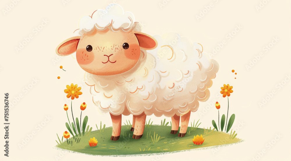 Obraz premium Sheep, illustration and digital art of an animal isolated on a background for poster, post card or printing. Cute, creative and drawing of a cartoon character for wallpaper, canvas and decoration