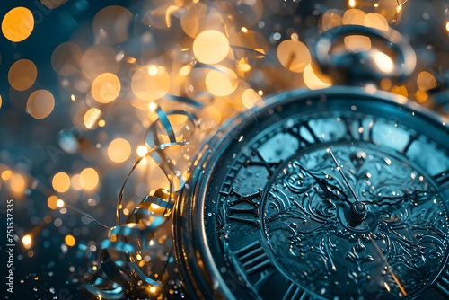 New year clock on Blurred festival Colorful defocused bokeh lights background