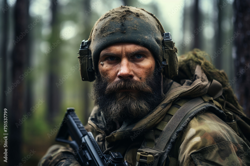 AI generated portrait of confident fully equipped soldier in combat gear in forest