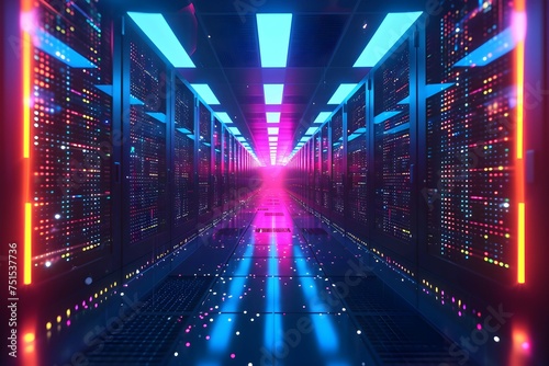 A high-tech big data storage and cloud computing computer service business concept  server room interior in datacenter in glowing lights  importance of technology and data management in business.