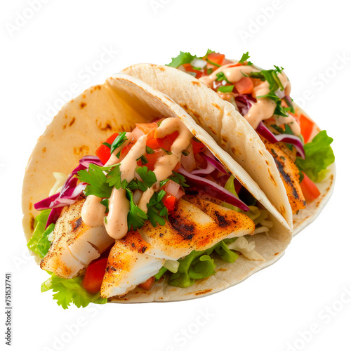 Two tacos with fish and vegetables on top Isolated on transparent background, PNG