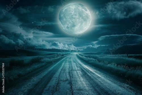 Fantasy Fairy Tale Full Moon Illuminates the Night Road, Shining Moonlight, Road to Huge Moon,