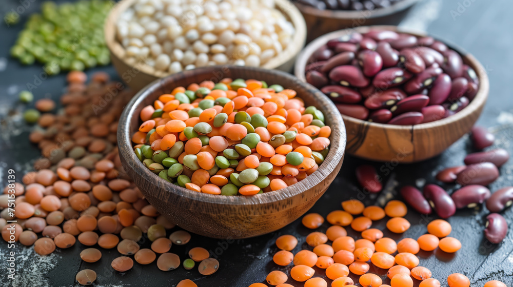 Different legume grains, beans lentils peas in different containers, bags counter for sale Different legume grains, beans lentils peas in different containers, bags counter for sale