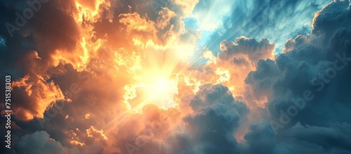 Vibrant sky with fluffy clouds and radiant sun shining through, nature background for design projects