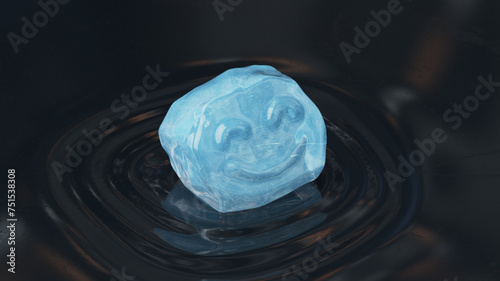 A piece of ice floats and melts in a spring puddle. Spring drops, melting snow. Dark background with copyspace. 3d render, 3d illustration.