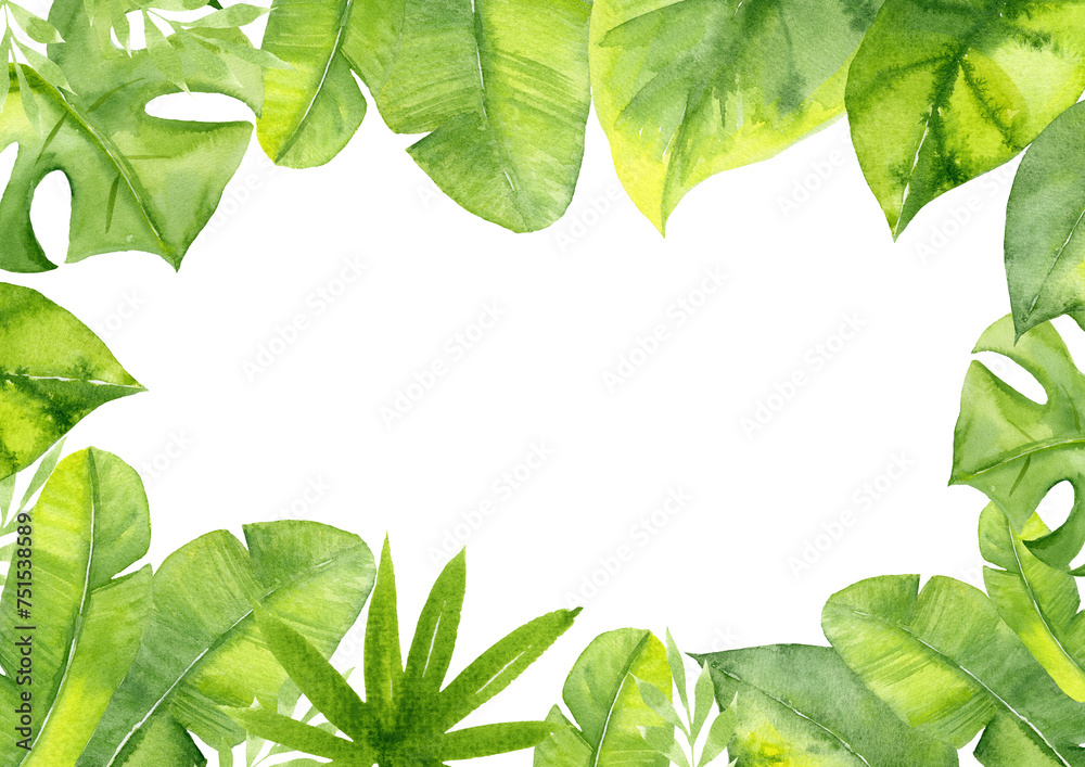 Fototapeta premium Tropical frame. Vibrant Watercolor background.