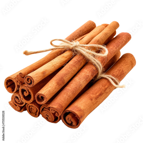 A bunch of cinnamon sticks are tied together Isolated on transparent background, PNG