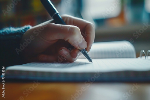 A close-up shot of a hand holding a pen poised over a blank notepad, ready to take notes during an online lesson, minimalistic style,